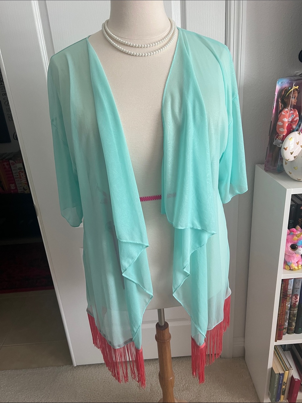 LuLaRoe Mint Sheer Open Kimono with Coral Fringe